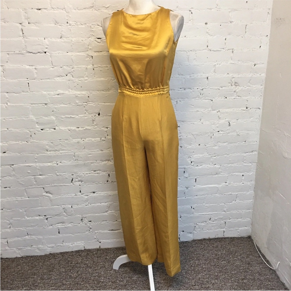 Akris sleeveless silk jumpsuit gold cropped size 2